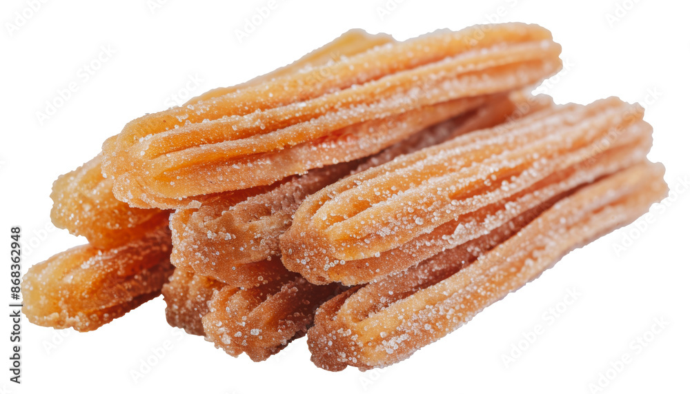 Close up of freshly made churros covered in sugar, cut out - stock png.