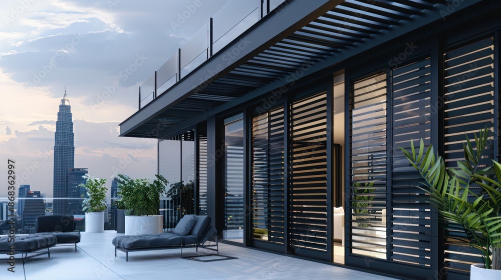 Fototapeta premium luxury penthouse with matte black Bahama shutters, offering sleek privacy and a modern edge against a city skyline
