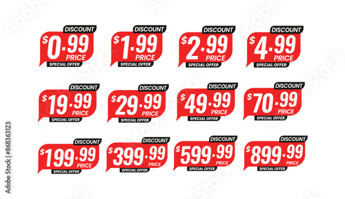 Discount price tag from 0.99 to 899.99 dollar set. Special sale offer advertising with price off label template. Save money with clearance purchase shop product price sticker. Vector illustration