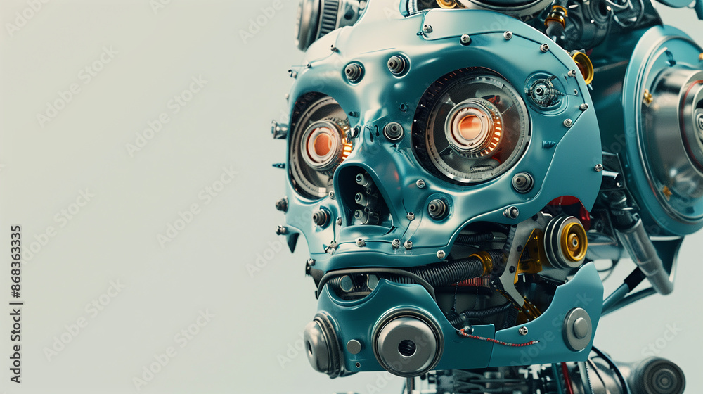 3D render of an elegant and creepy blue robot skull with many mechanical parts, intricate details, cinematic lighting, clean background, rendered in a hyper realistic, hyper detailed style. 3D render of an elegant and creepy blue robot skull with many mechanical parts, intricate details, cinematic lighting, clean background, rendered in a hyper realistic, hyper detailed style.
