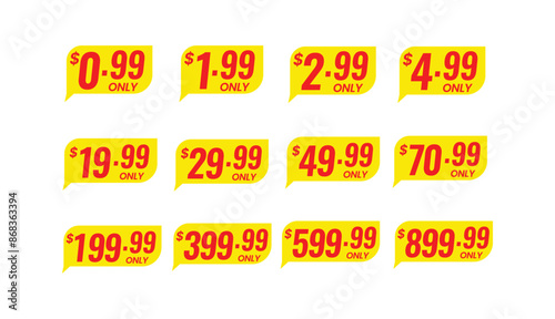 Discount price tag with important sale information. Product sticker with cheap price in dollar for merchandise in online shop, fashion marketplace vector illustration isolated on white background.