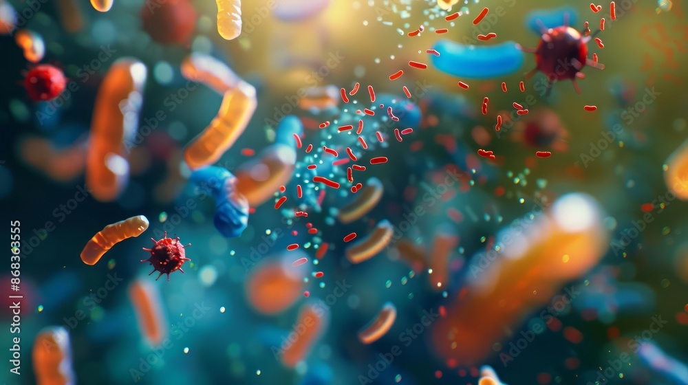 Fototapeta premium A vibrant and detailed closeup visualization of various microorganisms