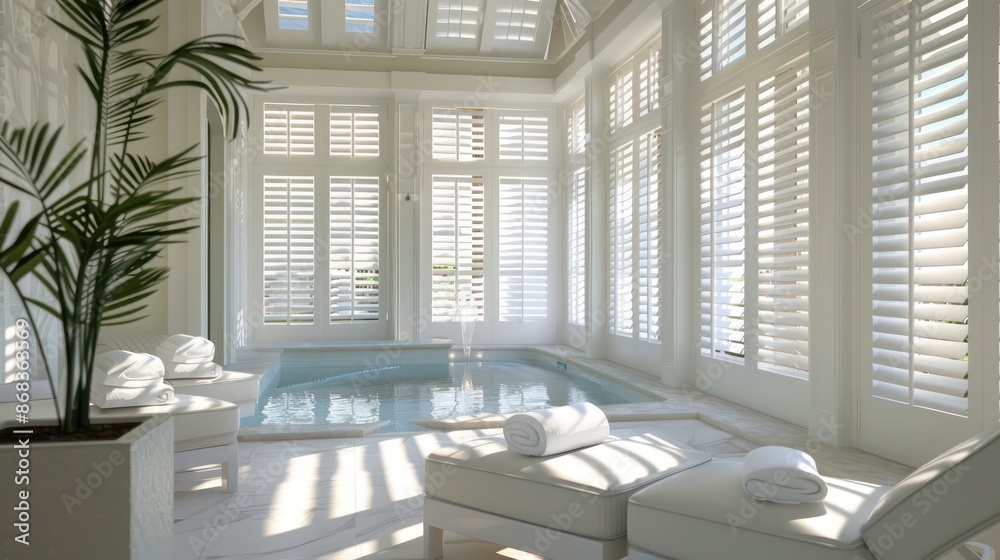 luxury spa with serene white Bahama shutters, promoting relaxation and tranquility luxury spa with serene white Bahama shutters, promoting relaxation and tranquility
