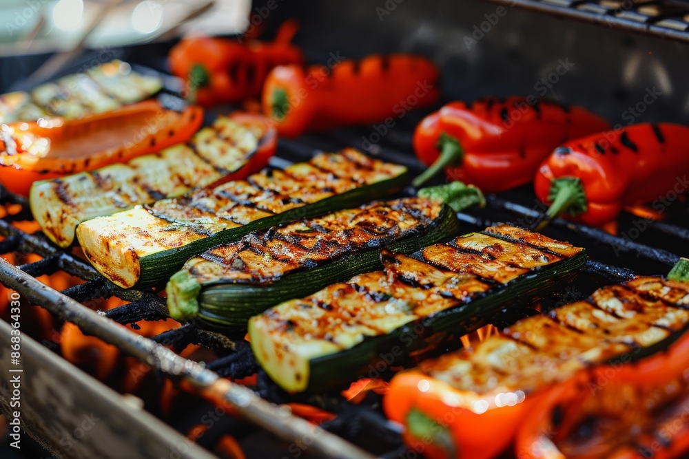Grilled Zucchini and Bell Peppers on Outdoor Grill - Healthy Eating Concept for Summer BBQ Grilled Zucchini and Bell Peppers on Outdoor Grill - Healthy Eating Concept for Summer BBQ