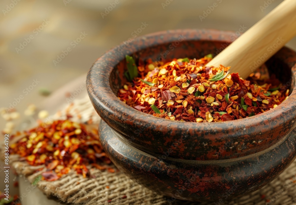 Spicy Red Pepper Flakes in Wooden Mortar and Pestle