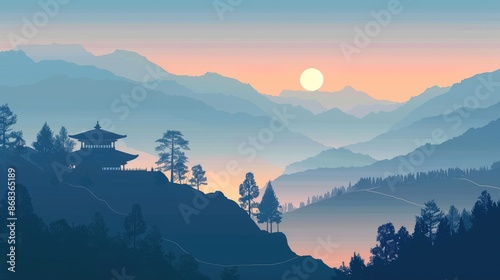 Beautiful Mountain and Cottage Landscape Illustration photo