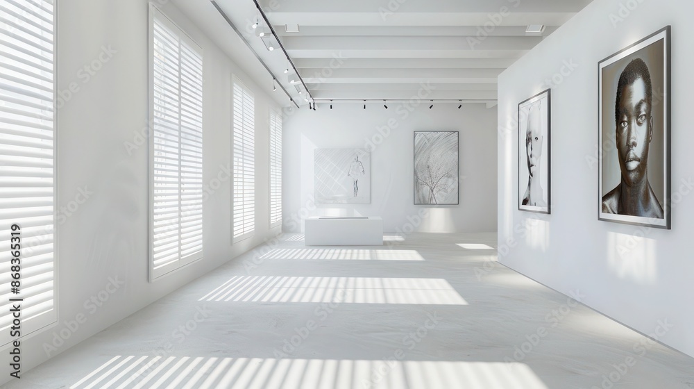 Fototapeta premium minimalist art gallery with Bahama shutters in pure white, focusing all attention on the displayed artworks