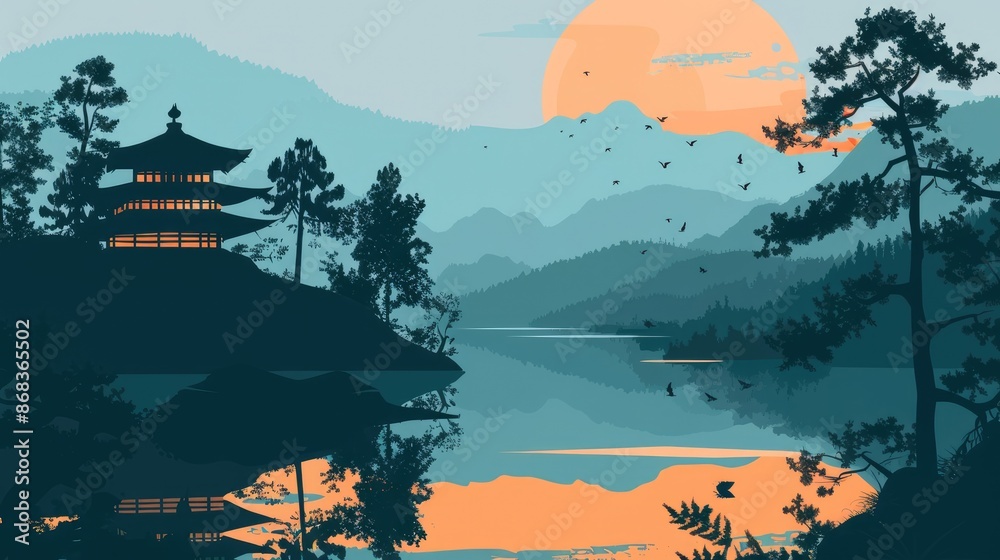 Fototapeta Beautiful Mountain and Cottage Landscape Illustration