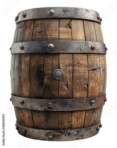 Wooden barrel with metal bands, cut out - stock png.