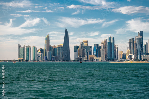 The Panoramic skyline of Doha, Qatar during sunset