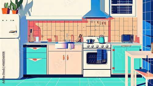 New Nostalgia: Abstract 90s Kitchen with Vibrant Colors, Retro Appliances, and Modern Design Elements