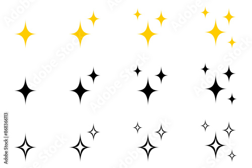stars collection - sparkle star icon set - gold and black star icon set - different star shapes isolated on white background - sparkles vector pack