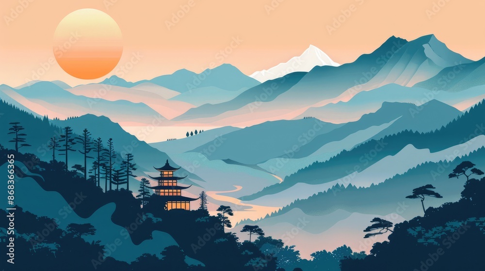 Fototapeta Picturesque View of Mountains and Cottage in Artistic Illustration