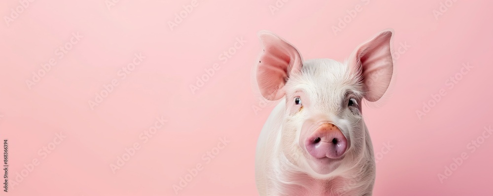 Pig isolated on a light pink background.  Farm animal.  Blank backdrop with space for text