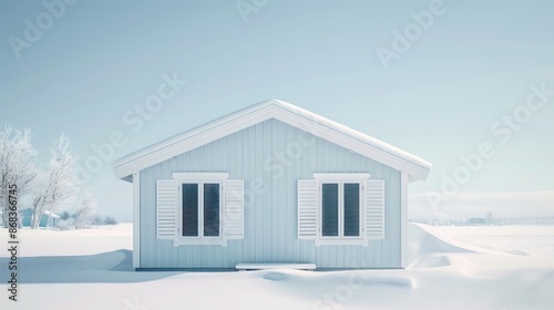 minimalist Scandinavian home with sleek white Bahama shutters, standing out against the snowy backdrop © Ramzan