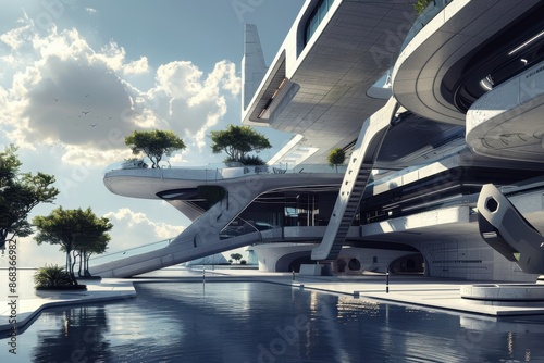 Futuristic Architecture. Modern Building Design with Pool and Greenery