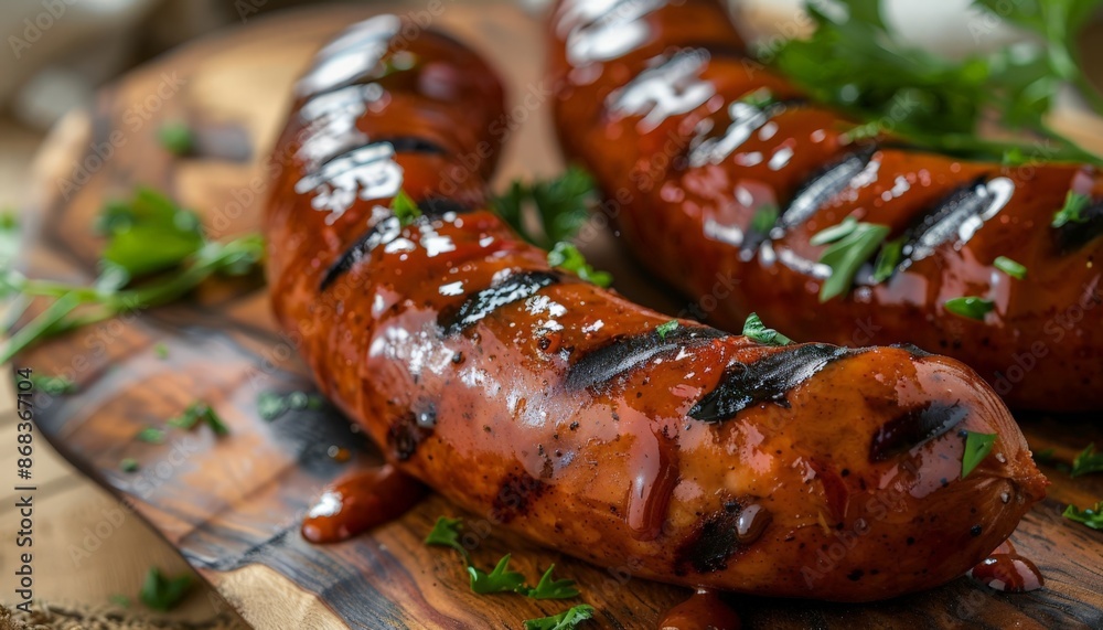 Grilled Sausages with Herbs on a Wooden Board Grilled Sausages with Herbs on a Wooden Board