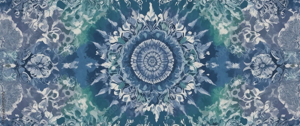 Cyan and white mandala pattern with floral elements in abstract design, reflecting tranquility and serenity in intricate art. Cyan and white mandala pattern with floral elements in abstract design, reflecting tranquility and serenity in intricate art.