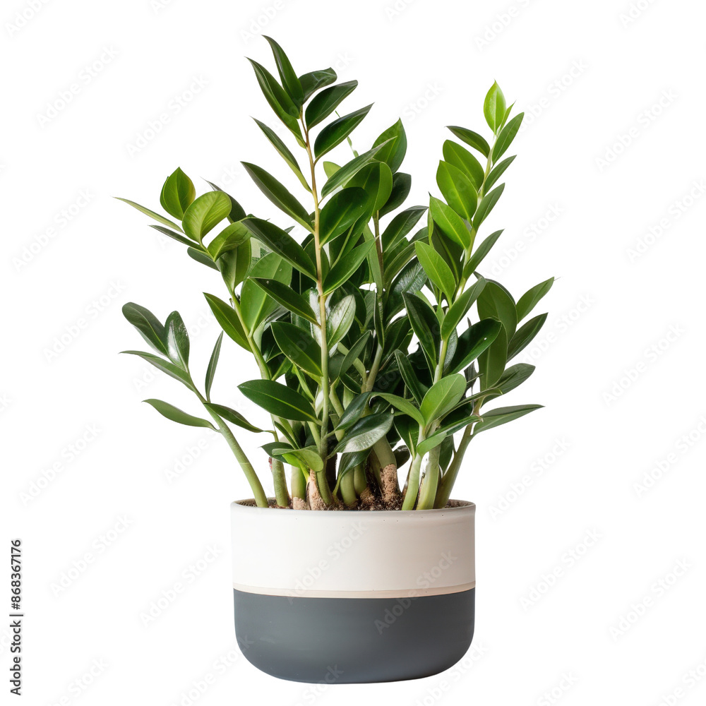 Fototapeta premium A vibrant green houseplant in a stylish white and grey pot, perfect for modern home decor and indoor gardening enthusiasts.