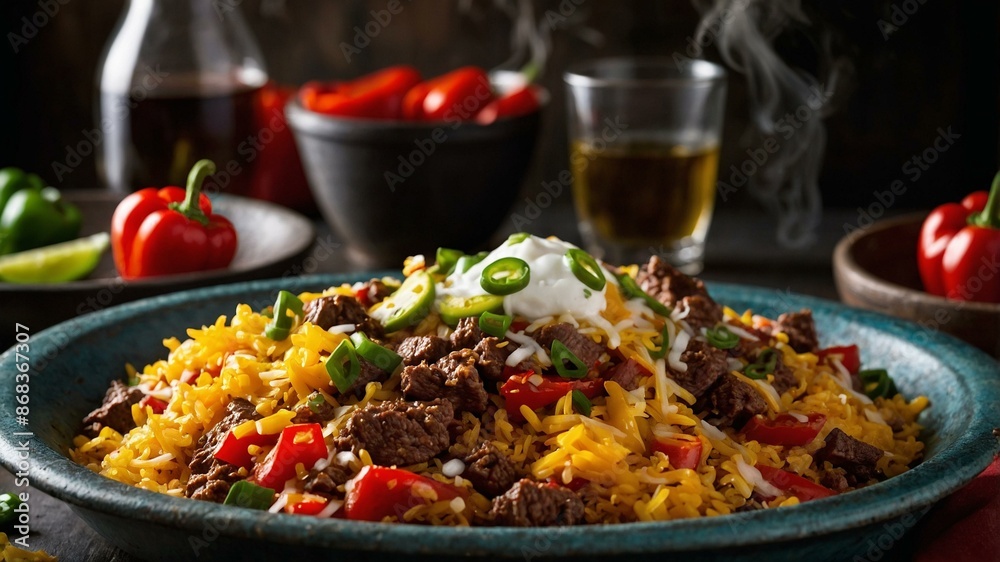 A vibrant plate of seasoned rice with chunks of steak, bell peppers, and a dollop of sour cream, garnished with green onions. A vibrant plate of seasoned rice with chunks of steak, bell peppers, and a dollop of sour cream, garnished with green onions.