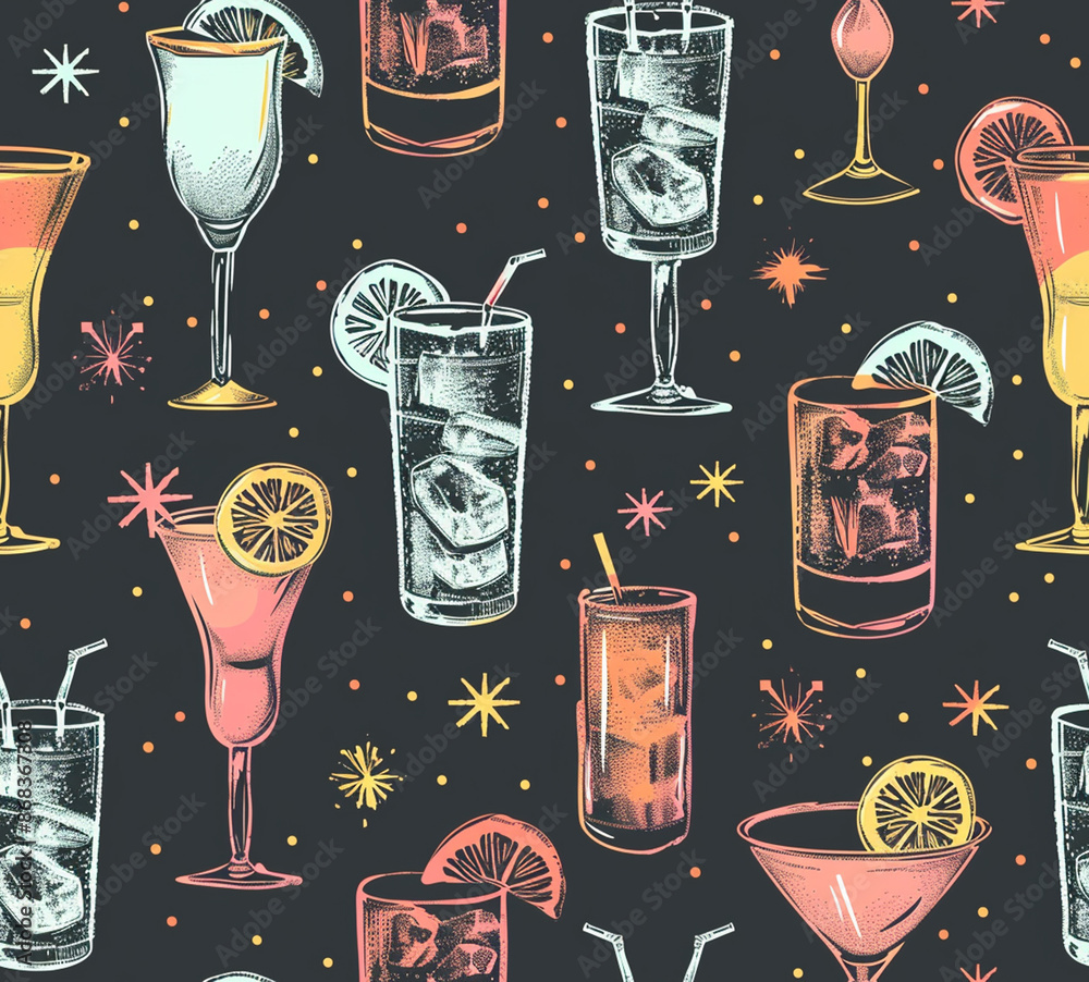 cute seamless pattern cocktail, vintage, retro, distressed. Elements ...