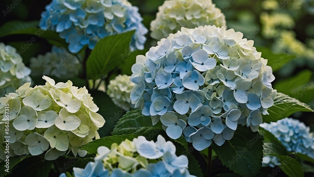Gorgeous hydrangea flowers in full bloom with a mix of soft blue and white petals surrounded by lush green leaves. Gorgeous hydrangea flowers in full bloom with a mix of soft blue and white petals surrounded by lush green leaves.