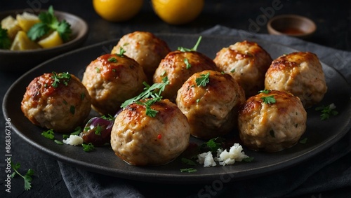 Succulent chicken meatballs served on a plate, garnished with fresh herbs, ready to be enjoyed as a savory dish.