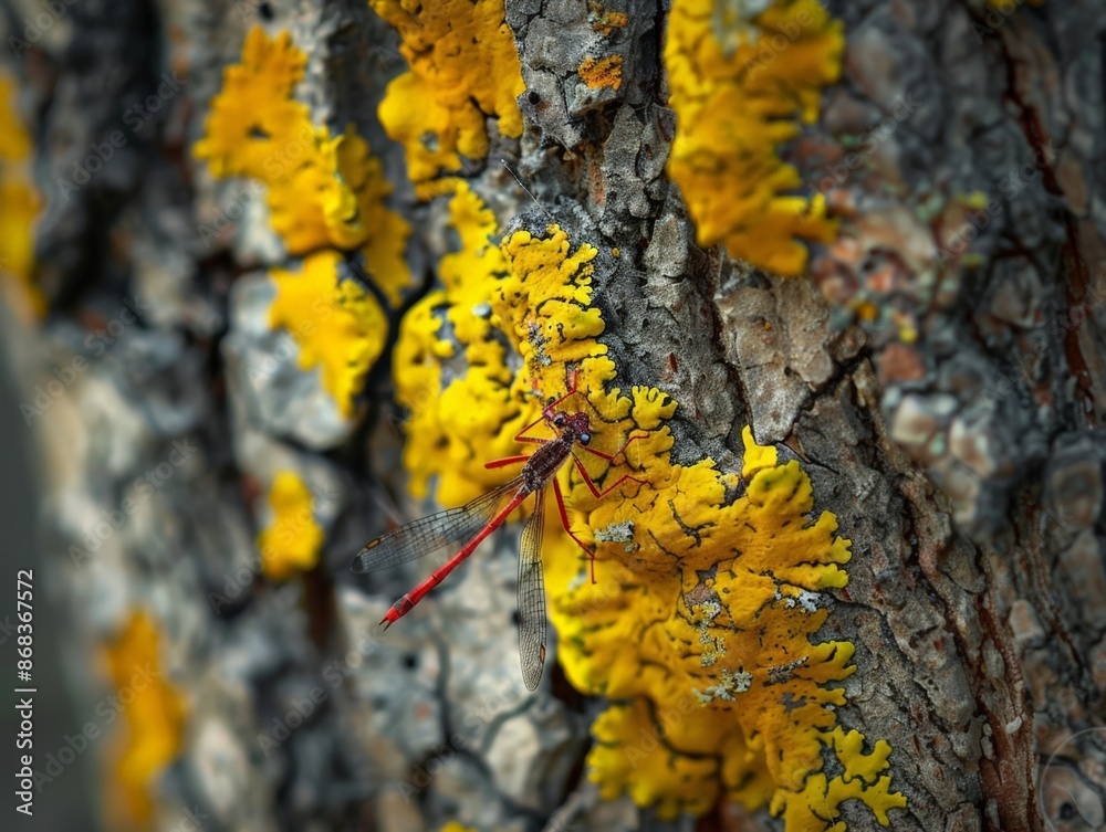 Vivid Red Dragonfly Perched on Mossy Tree Bark Vivid Red Dragonfly Perched on Mossy Tree Bark