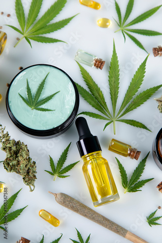 Cannabis leaves with marijuana, cbd, Flat lay composition