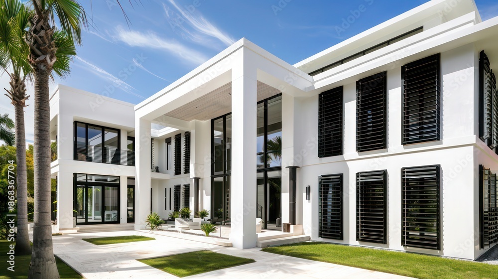 Fototapeta premium modernist mansion with black Bahama shutters, creating a striking contrast against its white walls