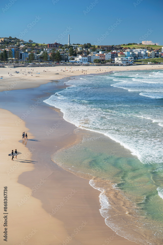 Picturesque golden sandy Bondi Beach in Sydney. Bondi beach is perfect place for surfers due to constantly rising high waves.