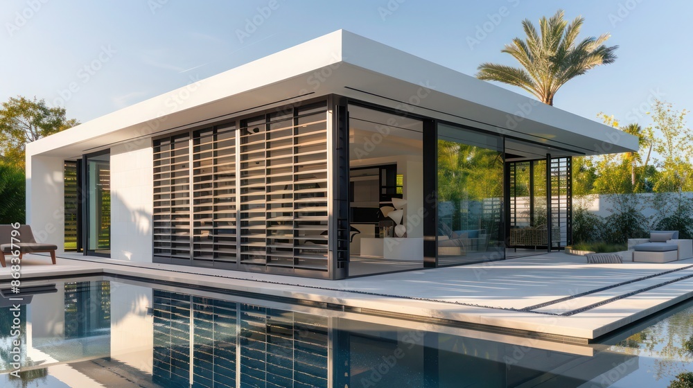 modernist pavilion with automated Bahama shutters, allowing for dynamic control over light and privacy in a sleek design modernist pavilion with automated Bahama shutters, allowing for dynamic control over light and privacy in a sleek design