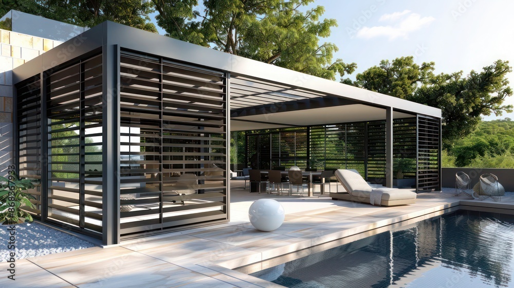 Obraz premium modernist pavilion with automated Bahama shutters, allowing for dynamic control over light and privacy in a sleek design