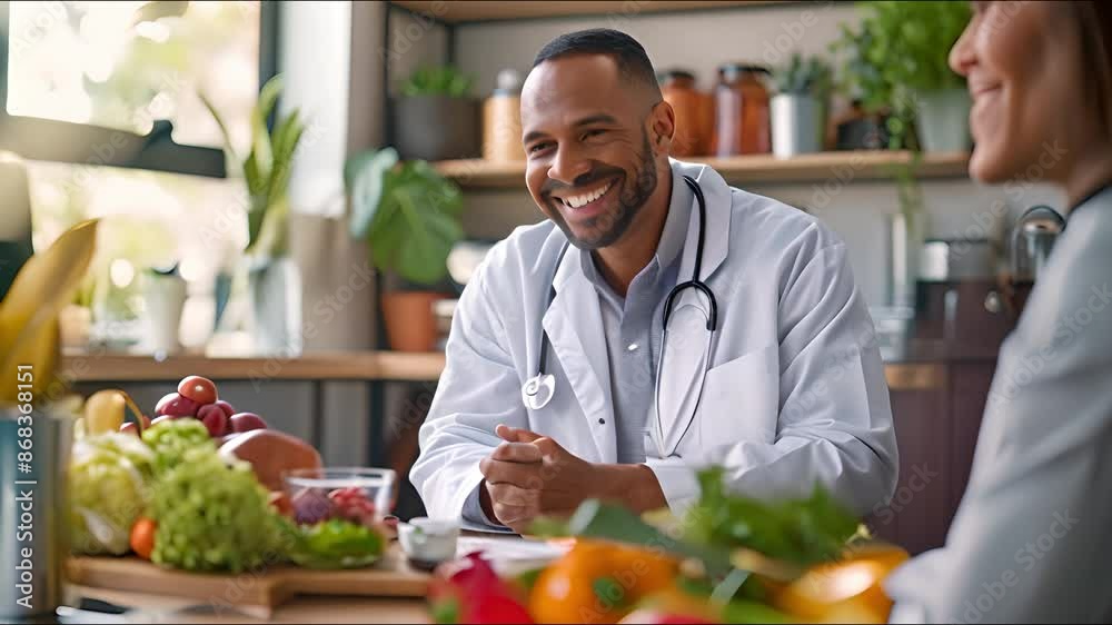 doctor with stethoscope and white lab coat chatting with the patient while seated and grinning about diet, food, and supplements at their desk doctor with stethoscope and white lab coat chatting with the patient while seated and grinning about diet, food, and supplements at their desk