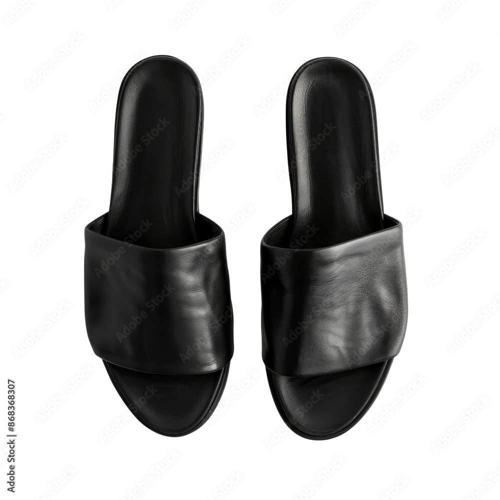 Top view of black leather slip-on sandals isolated on white background. Comfortable and stylish footwear for casual wear.