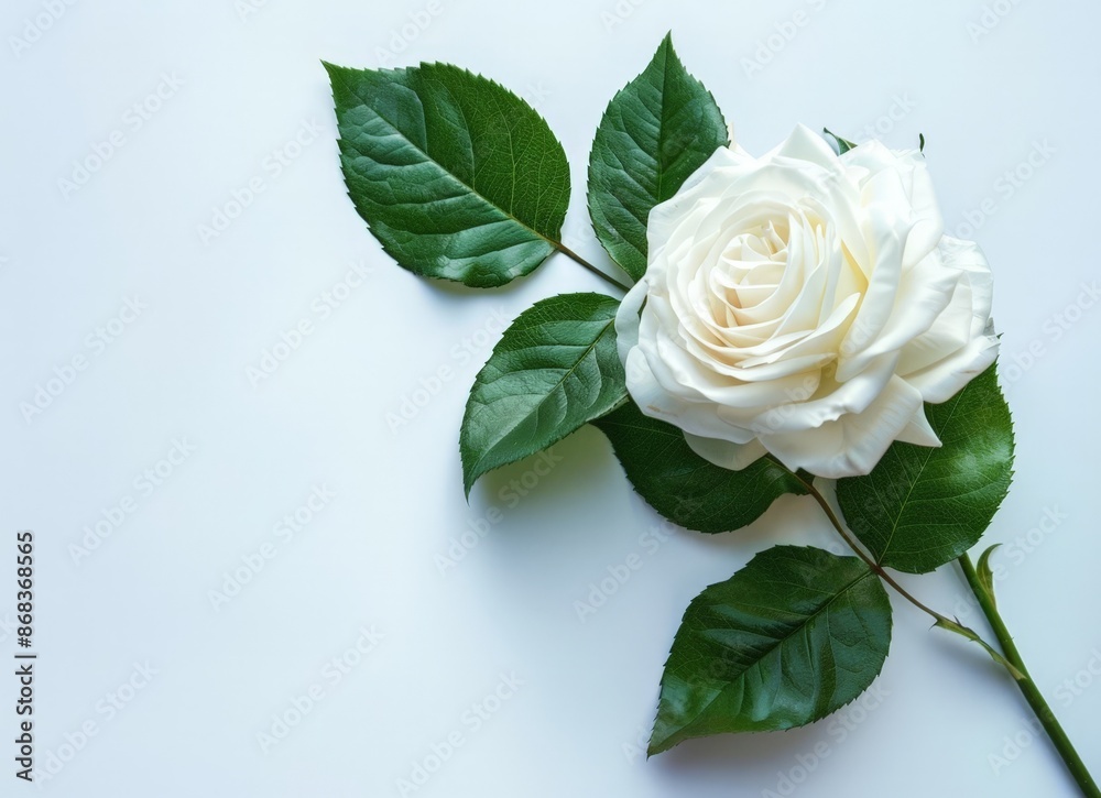 Pure White Rose with Green Leaves on a White Background Pure White Rose with Green Leaves on a White Background