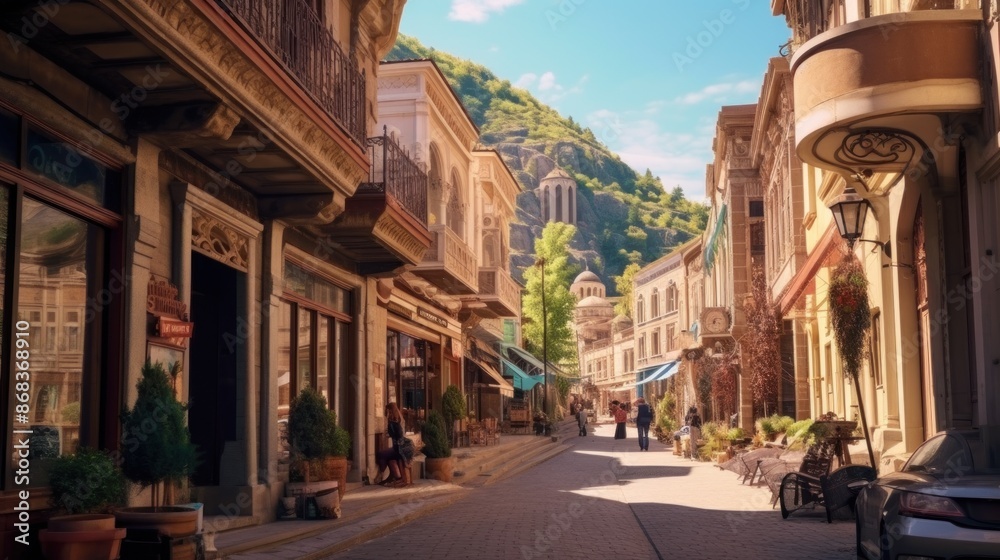 A busy city street with people walking and cars driving A busy city street with people walking and cars driving