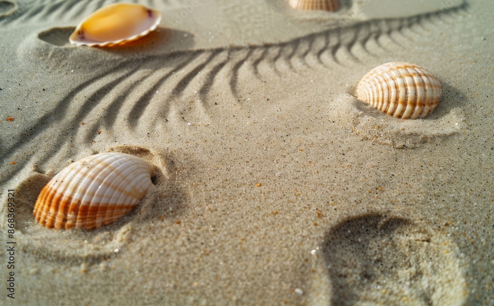 Beach Shells: Close-up of Three Shells on Sand with Ripples Beach Shells: Close-up of Three Shells on Sand with Ripples