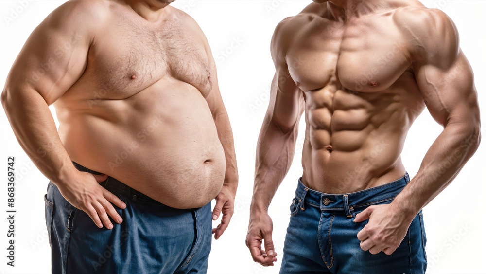 A man poses before and after weight loss. Diet and healthy nutrition. Fitness results, get fit. Liposuction results, plastic surgery. Transformation from fat to athlete. Overweight and slim, training