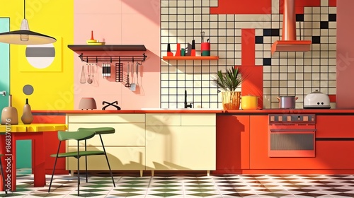 New Nostalgia: Abstract 90s Kitchen with Bold Colors, Retro Appliances, and Modern Geometric Design Elements