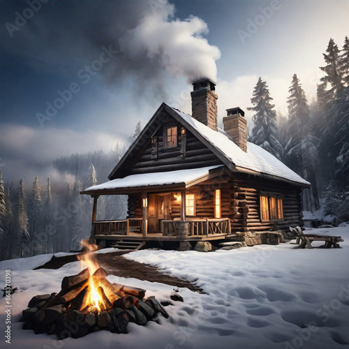 Generative AI, Snowy cabin in the woods, smoke coming out of the chimney, cozy atmosphere, realistic, 1080p --ar 21:9, A realistic depiction of a snowy cabin in the woods with smoke.