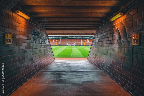 The entrance tunnel leading to the soccer field, with team logos and motivational signs on the walls, and the green field visible at the end