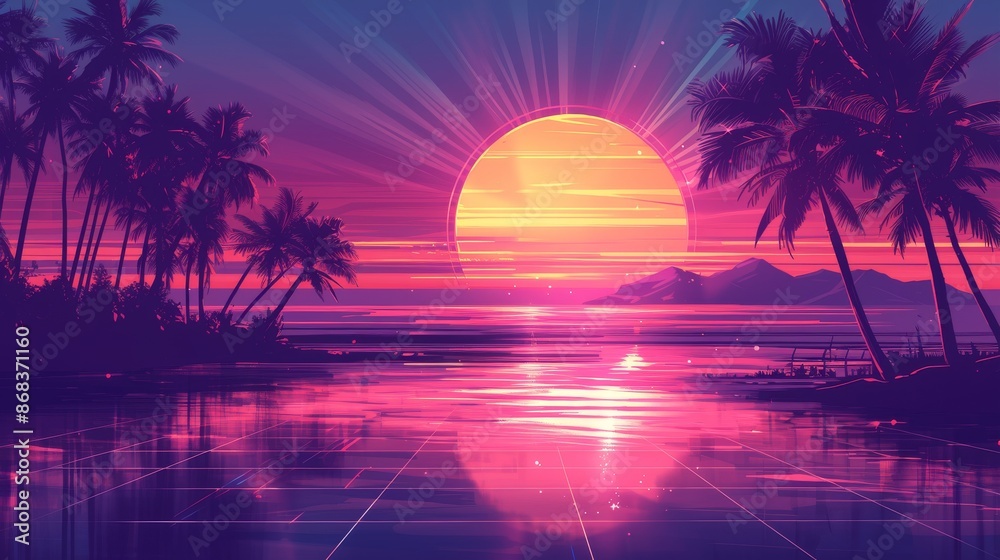 Naklejka premium A Sunset Over a Body of Water with Palm Trees in the Foreground and the Sun Setting in the Background - Generative AI