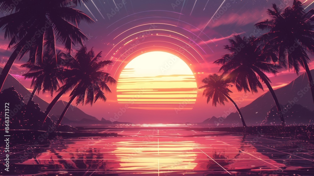 Naklejka premium A Sunset Over a Body of Water with Three Palm Trees in the Foreground and the Sun Setting Behind Them - Generative AI