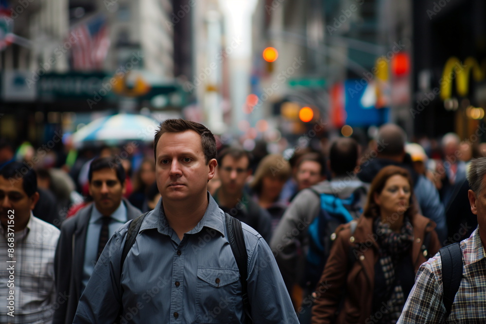 Man walking through a crowded city street, looking thoughtful and isolated despite the bustling surroundings Man walking through a crowded city street, looking thoughtful and isolated despite the bustling surroundings