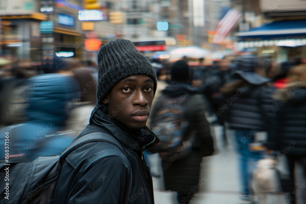 Man standing in a busy city street, looking thoughtful and somewhat isolated amidst the crowd Man standing in a busy city street, looking thoughtful and somewhat isolated amidst the crowd