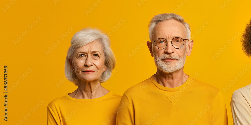 Elderly couple in matching yellow outfits standing against a yellow background, unity and timeless style Elderly couple in matching yellow outfits standing against a yellow background, unity and timeless style