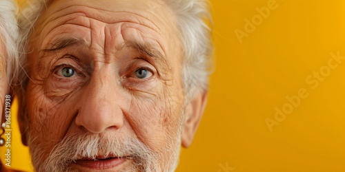 Close-up of an elderly man's face against a yellow background, expressive eyes and wrinkles, wisdom and experience