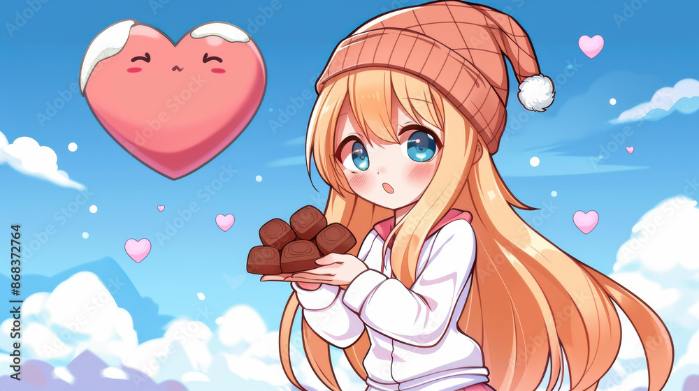 Adorable girl in winter clothes and miniskirt giving Valentines Day chocolates Adorable girl in winter clothes and miniskirt giving Valentines Day chocolates