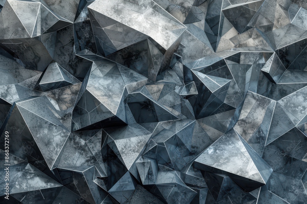 Abstract background of geometric crystal shards, metallic grey and silver shards. Concept of luxury, technology, or mineral formations. Abstract background of geometric crystal shards, metallic grey and silver shards. Concept of luxury, technology, or mineral formations.